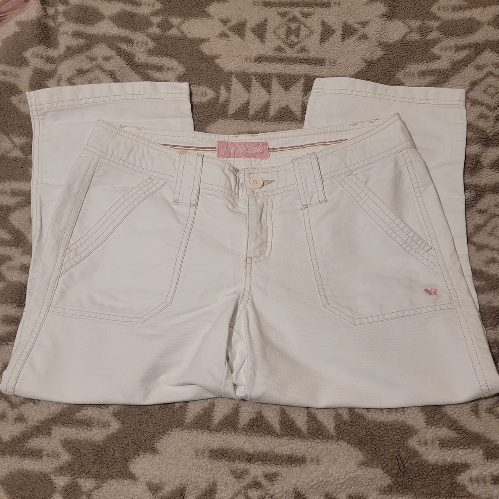 Aeropostale White Jeans with Pink Logo Patch and Rainbow Waistband